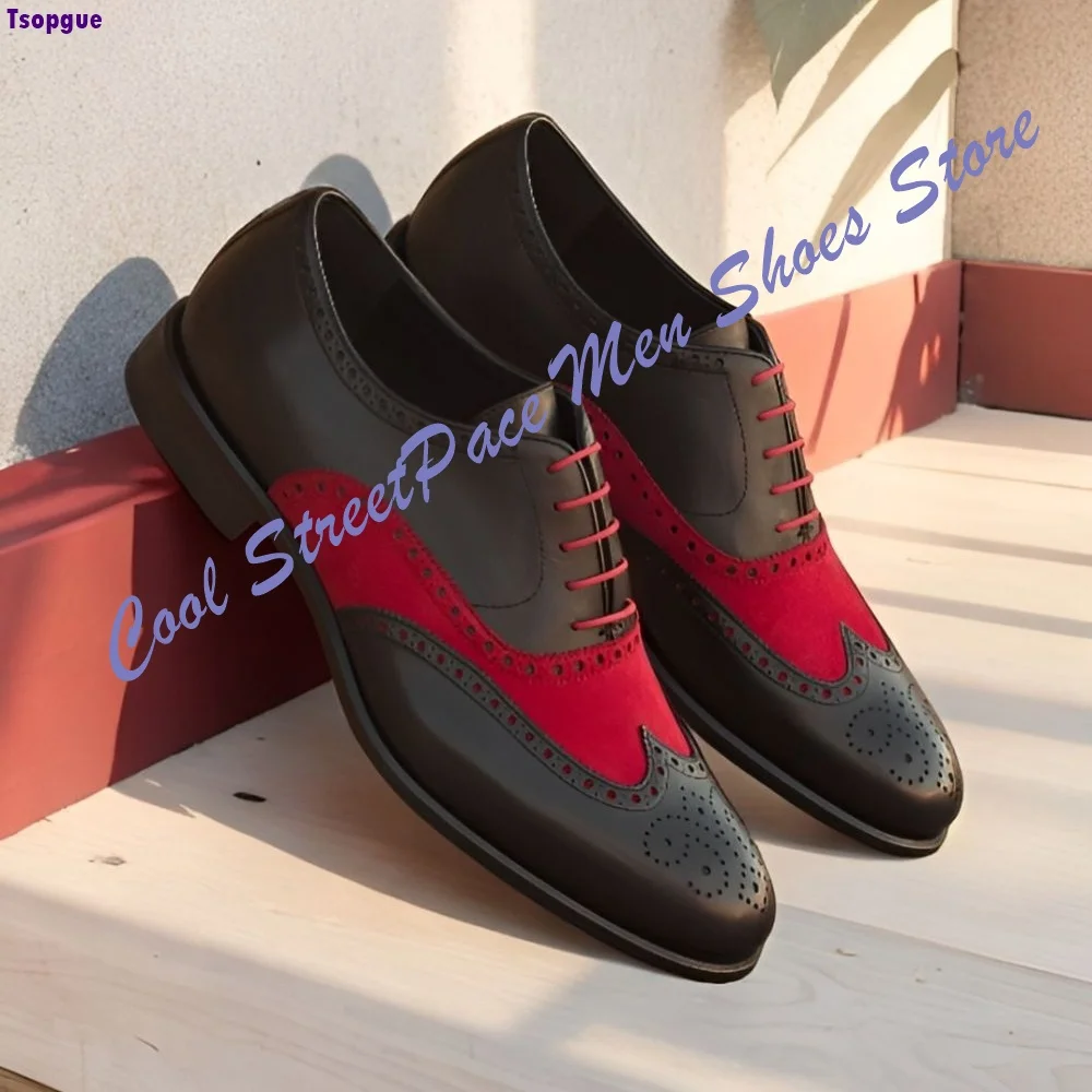 Vintage Black Leather Red Suede Spliced Brogue Oxford Shoes Lace Up Office Wedding Party Handmade Formal Leather Men Shoes