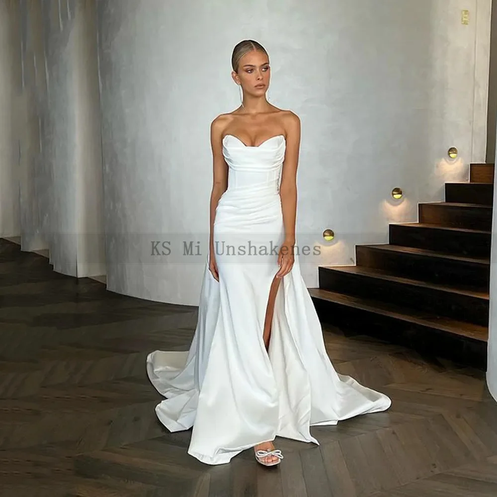 Abiti da sposa eleganti in raso bianco Abito da sposa economico senza spalline a sirena 2024 Abiti da sposa da chiesa con strascico lungo Boda personalizzati