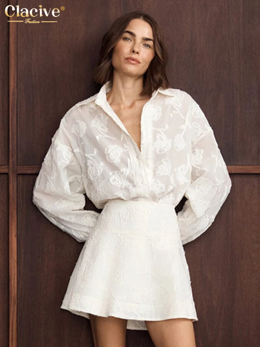 

Clacive Fashion Loose White 2 Pieces Set For Woman 2026 Elegant Long Sleeve Shirt With High Waist Mini Skirt Set Female Clothing