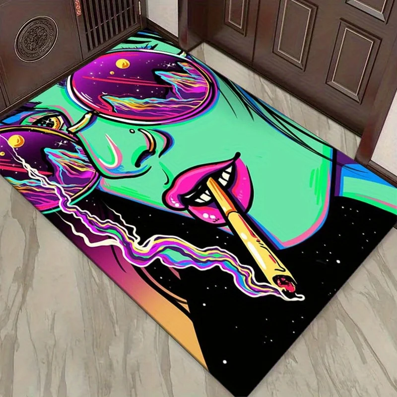 Psychedelic Pop Art Doormat, Cool Girl Entrance Rug, Neon Graffiti Floor Mat, Non-slip Living Room Carpet, Man Cave Decor