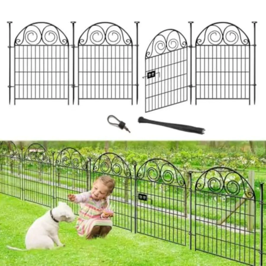 Valla Alta para Jardín con Puerta, 40 Pulgadas de Alto, 4 Paneles, Longitud Total 8.8 Pies, Vallas para Perros, para Exteriores, de Metal Negro, Sin Necesidad de Excavar