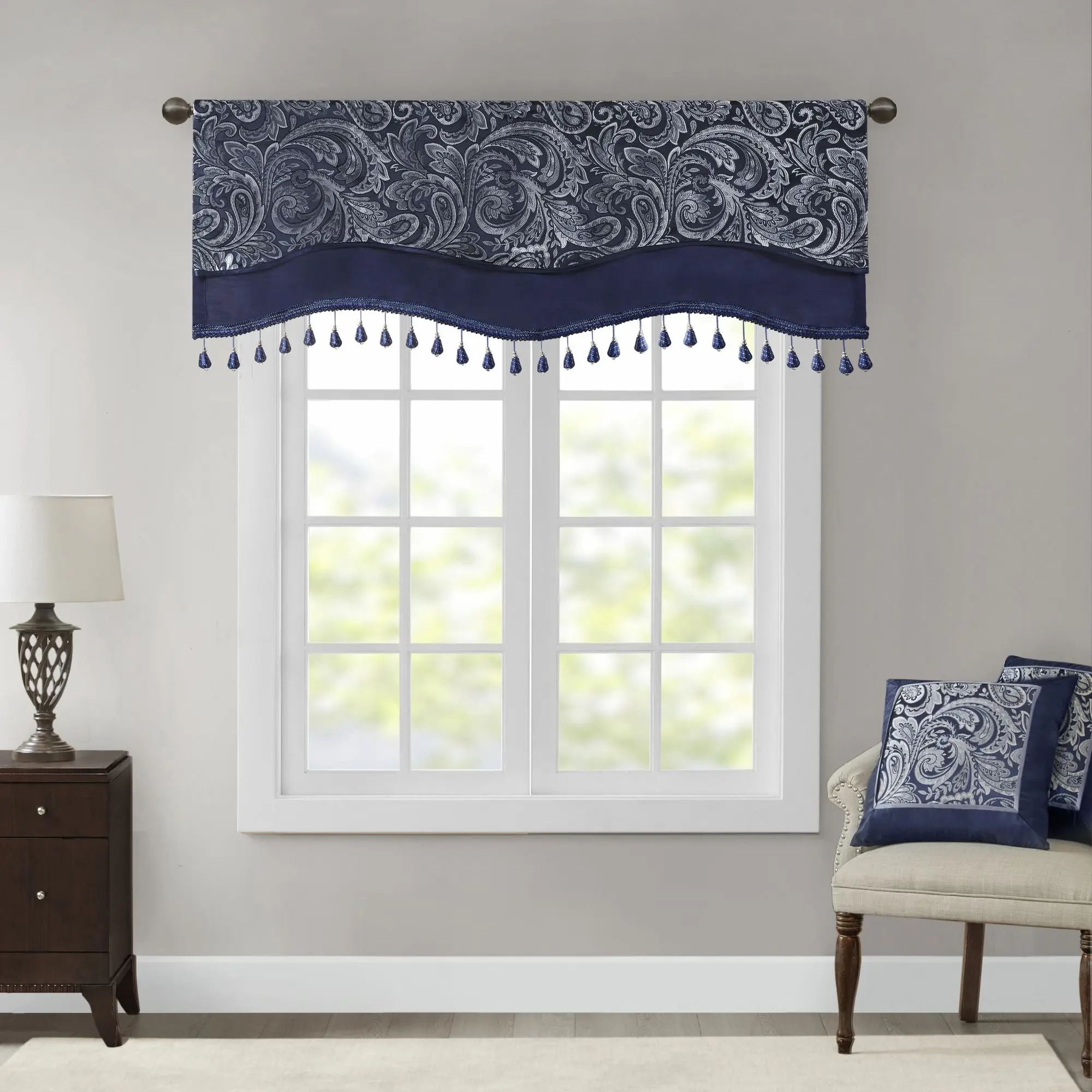 

Jacquard Window Rod Pocket Valance With Beads Navy 50x18"