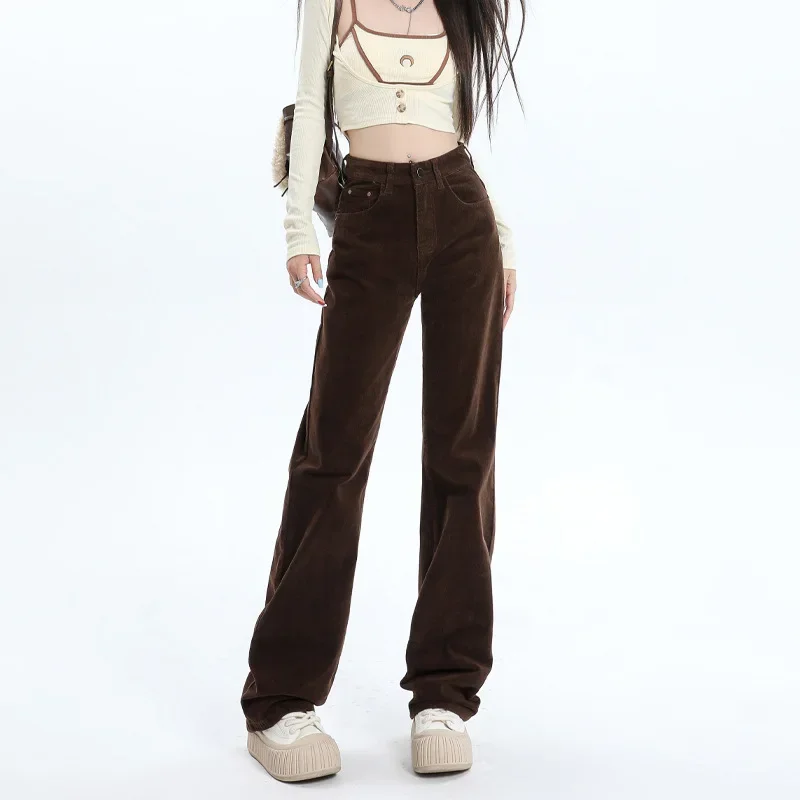 Autumn Winter Coffee Brown Corduroy High Waist Floor-Length Wide Leg Casual Pants Women's Retro Fashion Straight Tube Pants