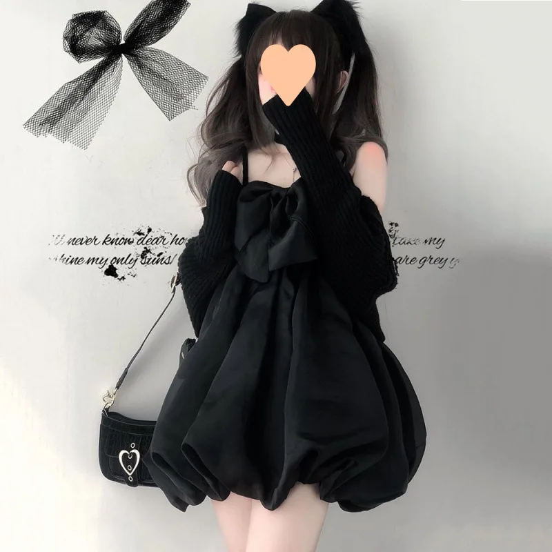 

Summer New Black Spicy Girl Strap Dress Women's Big Bow Flower Bud Skirt