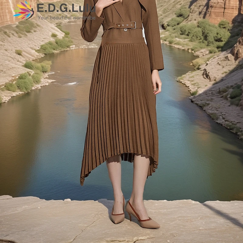 EDGLuLu High Waist Irregular Skirt For Women 2025 Spring Solid Female Clothing Brown Pleated Long Skirts Office Lady New 0109