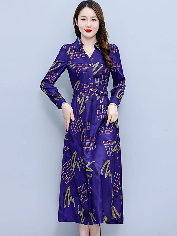 Vintage Print Evening Dress for Women 2024 Office Lady Polo Collar Shirt Dress Autumn Winter Elegant Bodycon Party Long Vestidos