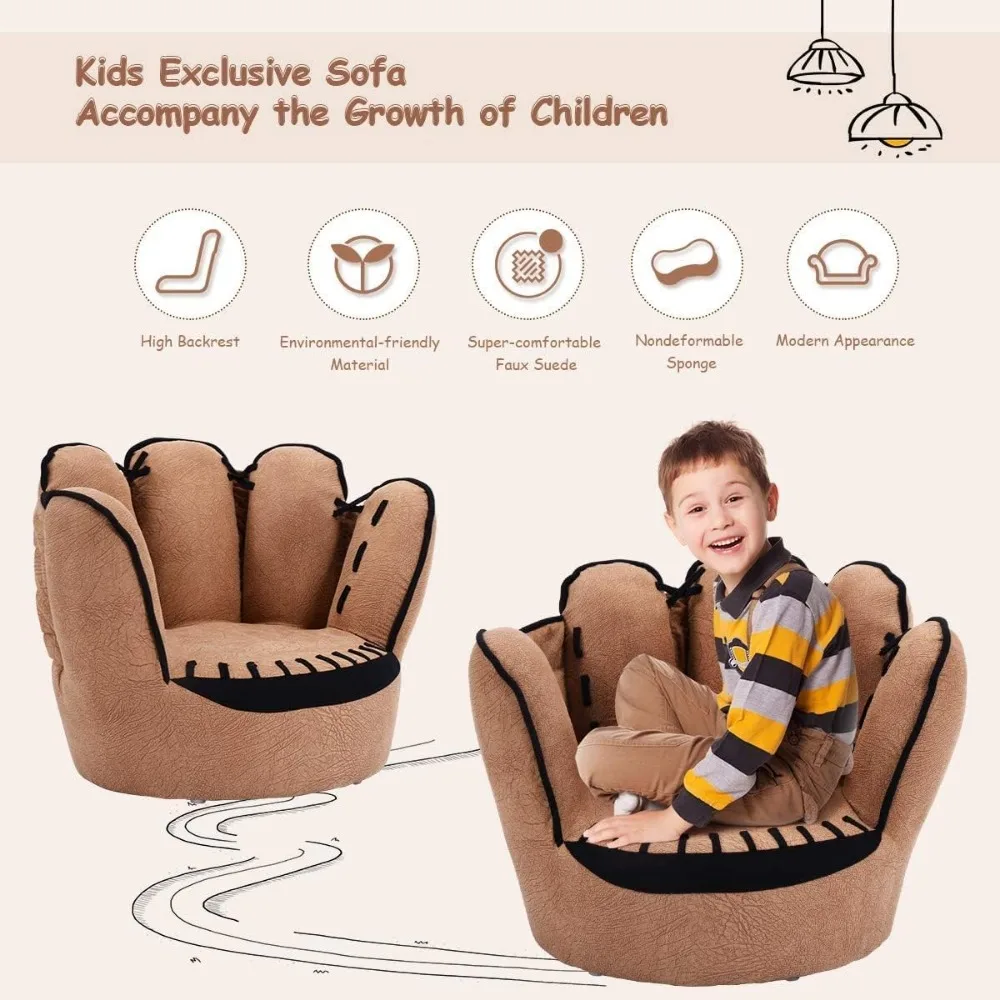 Children's sofa Wooden upholstered toddler armchair, Boys and girls armchair in the shape of a baseball glove, brown