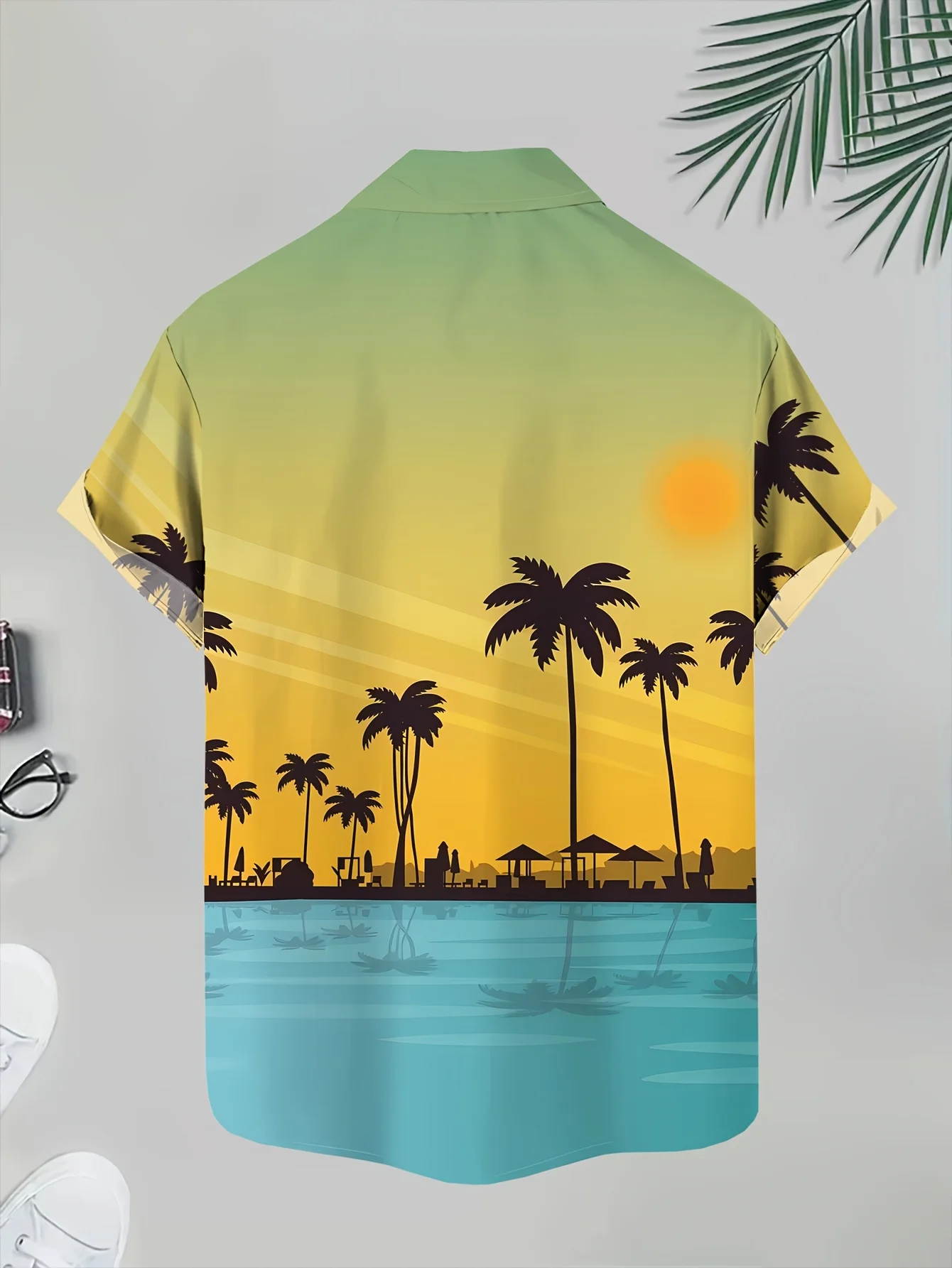 Men's Summer Gradient Sunset Beach Palm Tree Print Hawaiian Shirt Lapel Short Sleeve Button Down Casual Vacation Party Aloha Top