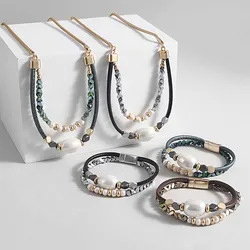ALLYES Irregular Stone Pearl Beaded Bracelet Necklace Bohemian Charm Double Layer Leather Necklace& Bracelet Men Female Jewelry