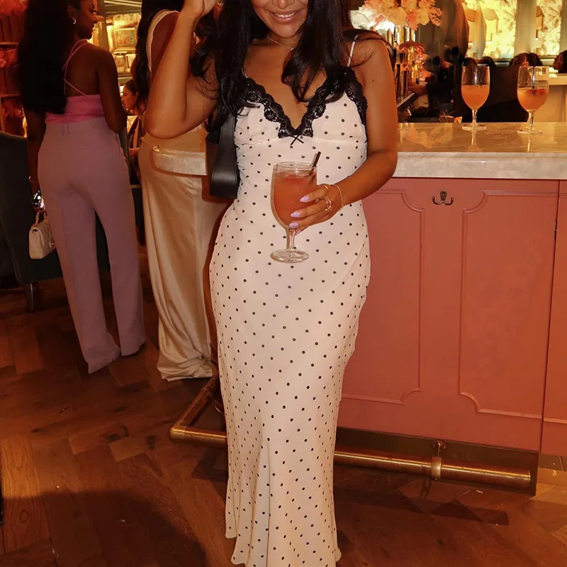 

Women's Sexy One-line Neckline Off-the-shoulder Dress Fashion 2025 Spring/summer Polka Dot Print Dress Street Style Robe Femme