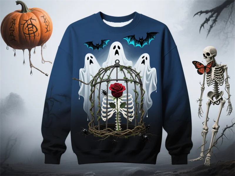 2025 New Ghost Skeleton Graphic Ugly Sweater Fashion Trendy 3D Printed Halloween Sweatshirt Loose Breathable Holiday Wear Tops