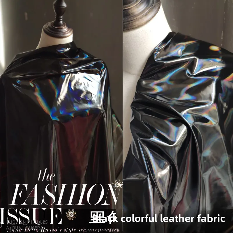 Black Laser Iridescent Artificial Leather Fabric Student Clothing Graduation Design Assignment Cloth for Diy Sewing