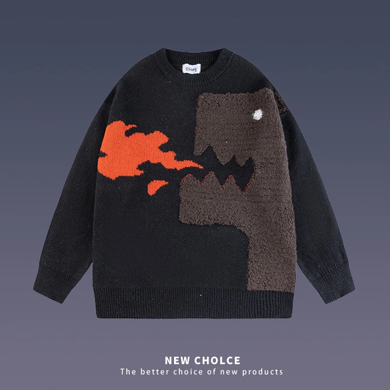 Harajuku Men's Knitted Sweater Cartoon Dinosaur Flame Embroidery Pullover Spring Autumn Winter Unisex Knitted Shirt