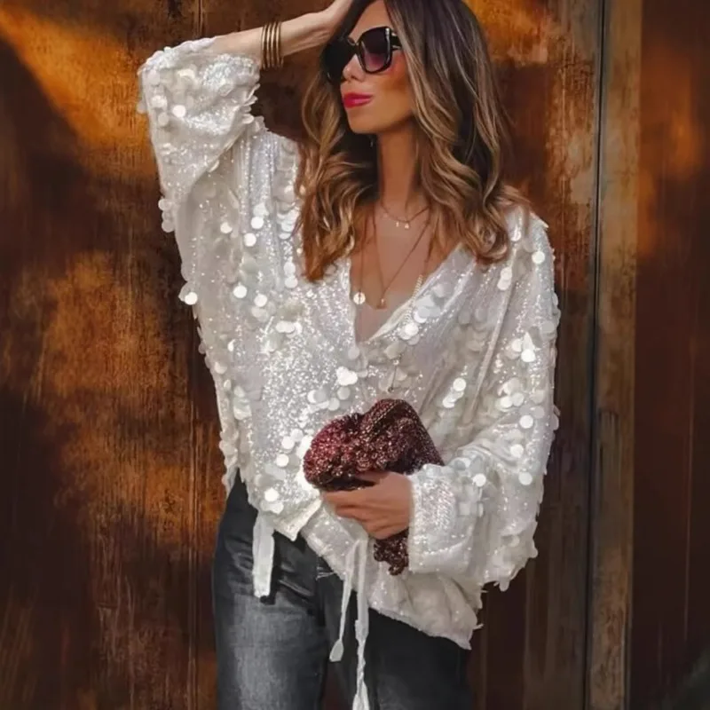 New Women's Clothing Autumn Sequin Kimono Jacket Coat Cardigan Lace Up Long Sleeve V Neck Women Coat Casual Loose Street Tops
