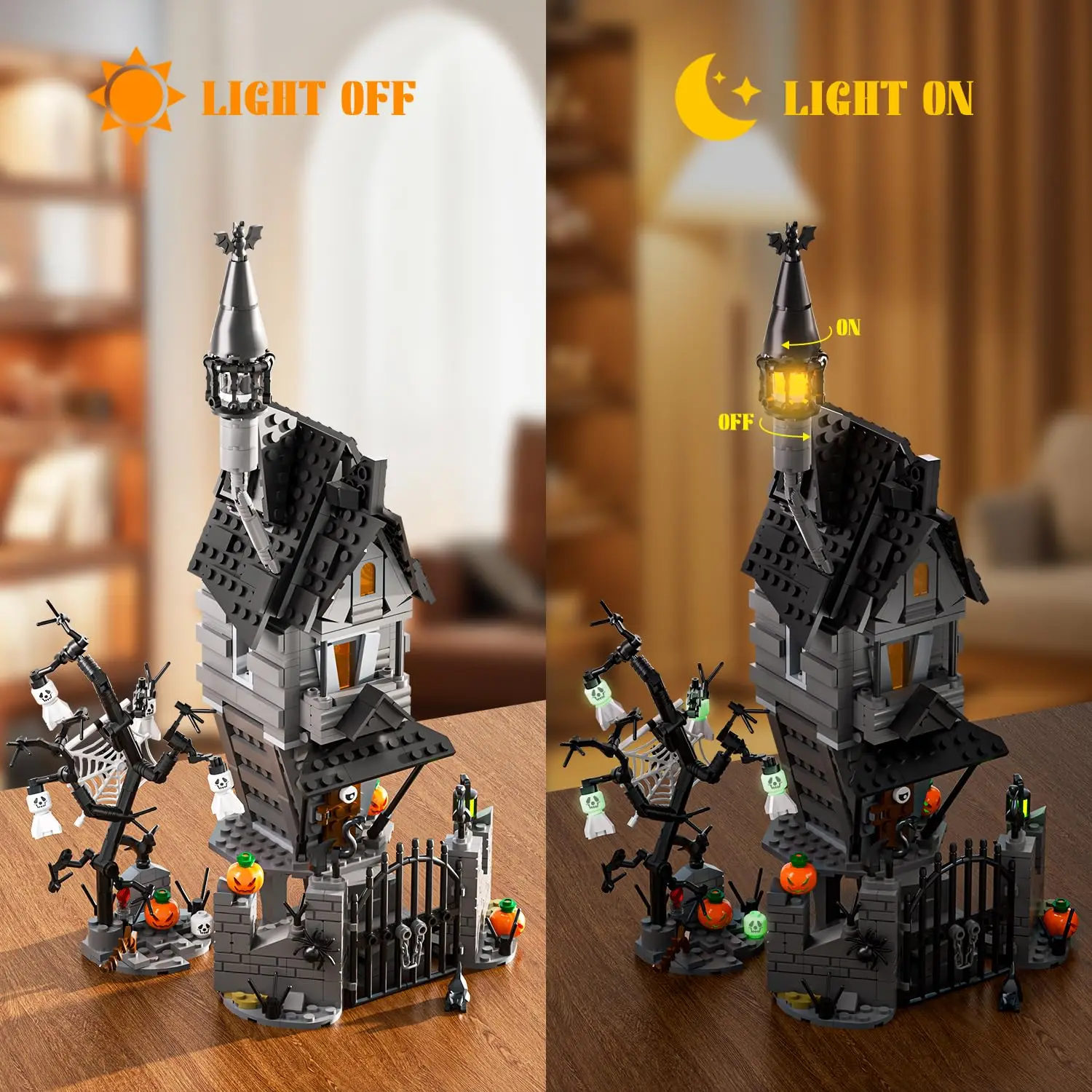 Juego de bloques de construcción de Casa Encantada de noche antes de Navidad, modelo de mansión Encantada con iluminación, juguetes creativos, regalos de Navidad para niños