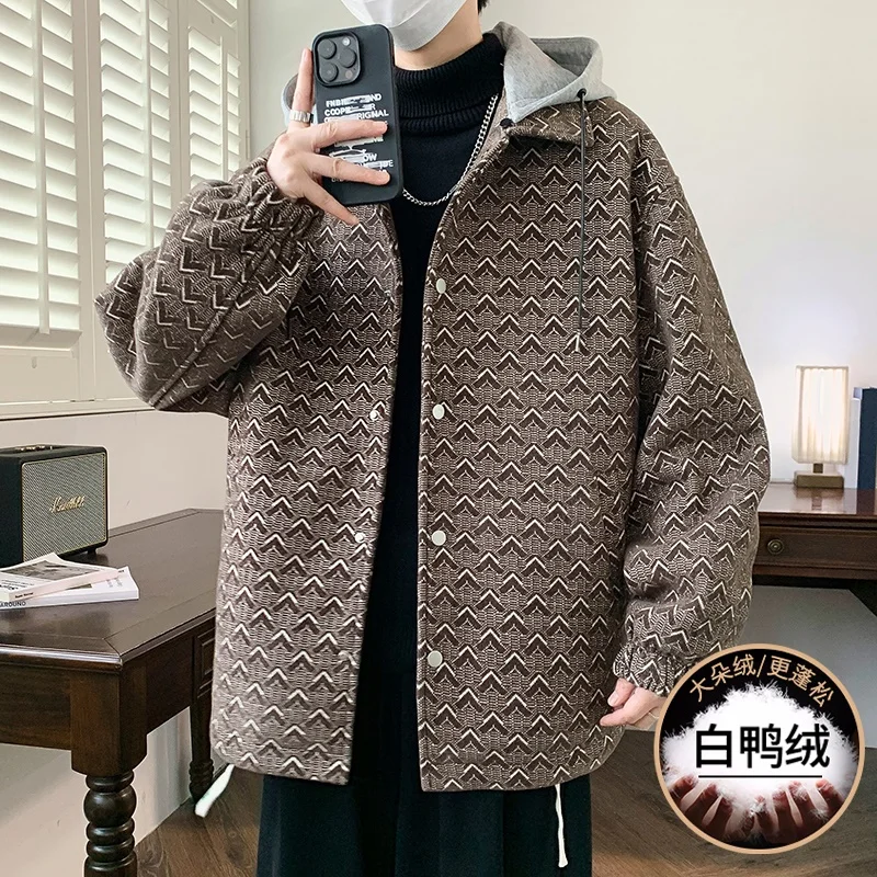 Fashion Men's Hooded Button Duck Down Jackets New 2025 Winter Casual Puffer Coats High Street Wear Windproof Padded Top Clothing