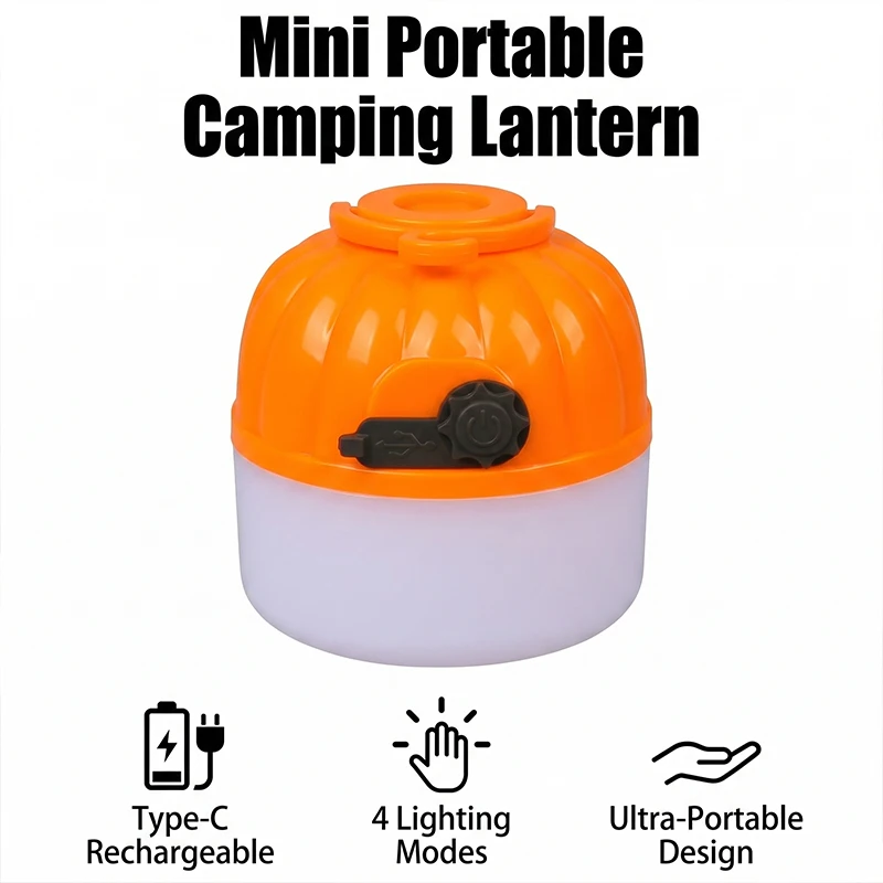 Mini Lâmpada LED Portátil em Formato de Abóbora 6500K Recarregável, Luz de Proteção Ocular, Fita de Luz com Gancho para Barraca, Lâmpada de Emergência