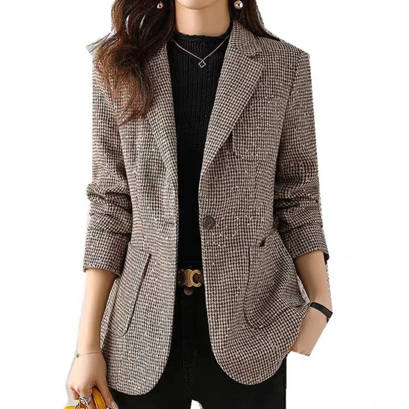 Blazer de treliça de lantejoulas feminino, elegante lapela, botão, bolsos emendados, tops casuais, blazers de senhora do escritório, roupa nova,