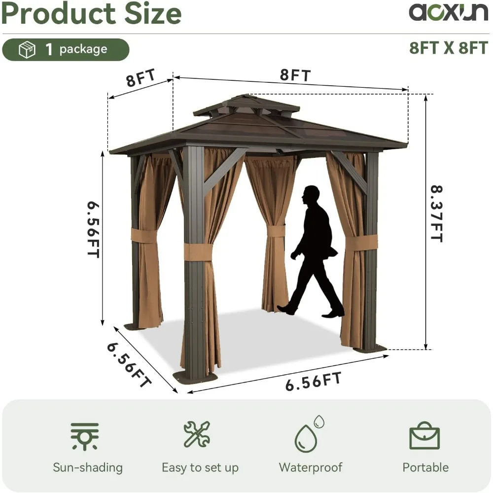 Hardtop Gazebo, Aluminum Frame Permanent Pavilion with Curtains and Netting, Outdoor Polycarbonate Double Roof Canop