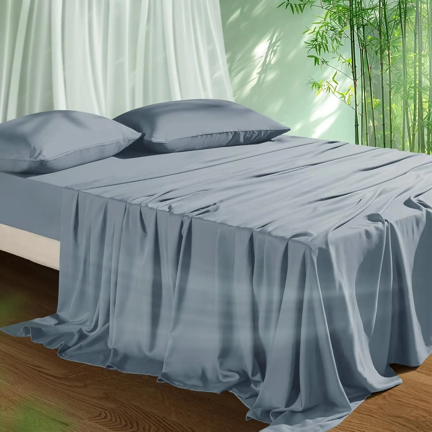 

Cooling Queen Sheets Set, Viscose from Bamboo, Deep Pocket 16", Silky Soft & Breathable, 4PC Mineral Blue