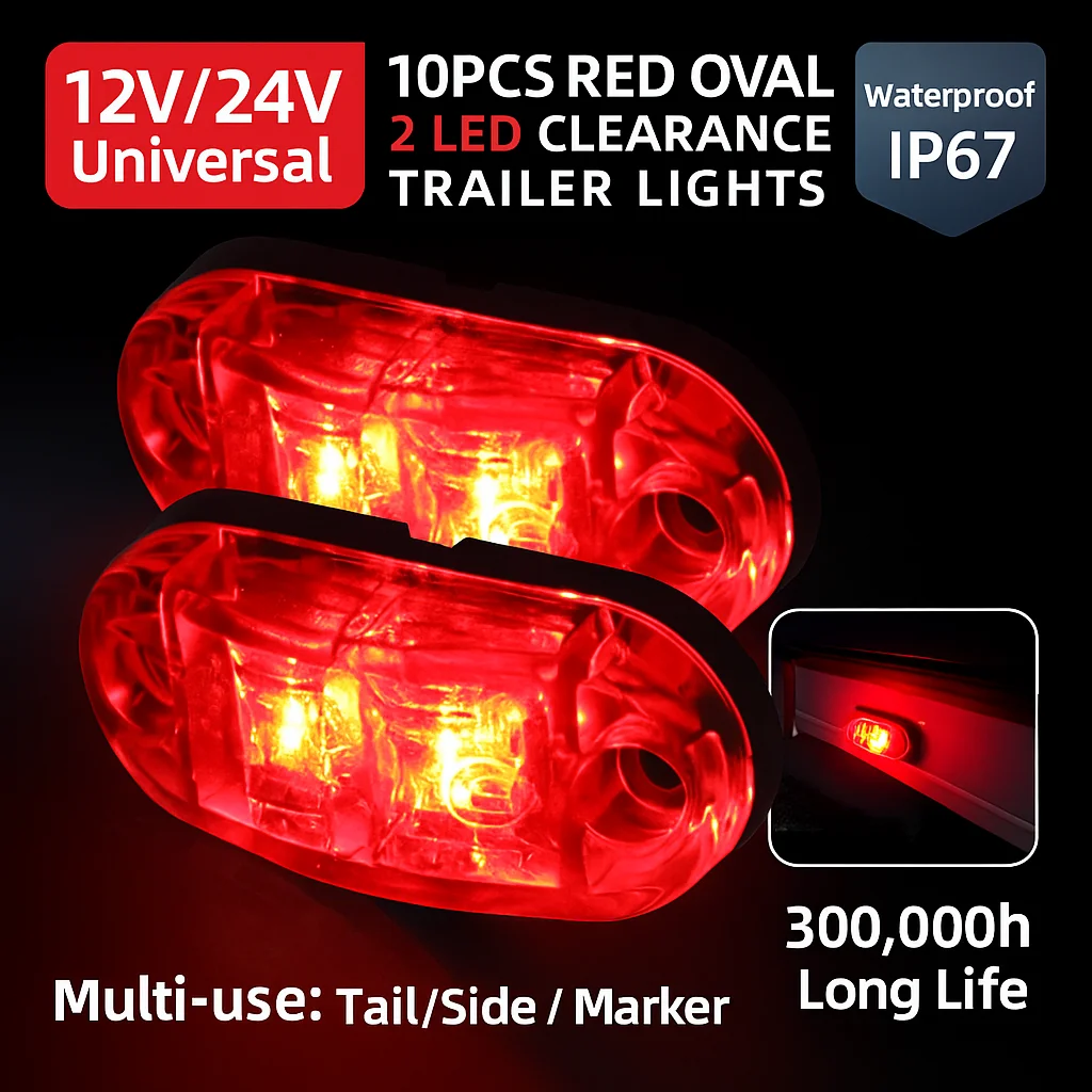 

10pcs Red 2 Led Oval Clearance Trailer Lights Car Truck Side Marker Tail Lamp 12V 24V LED Truck Accessories