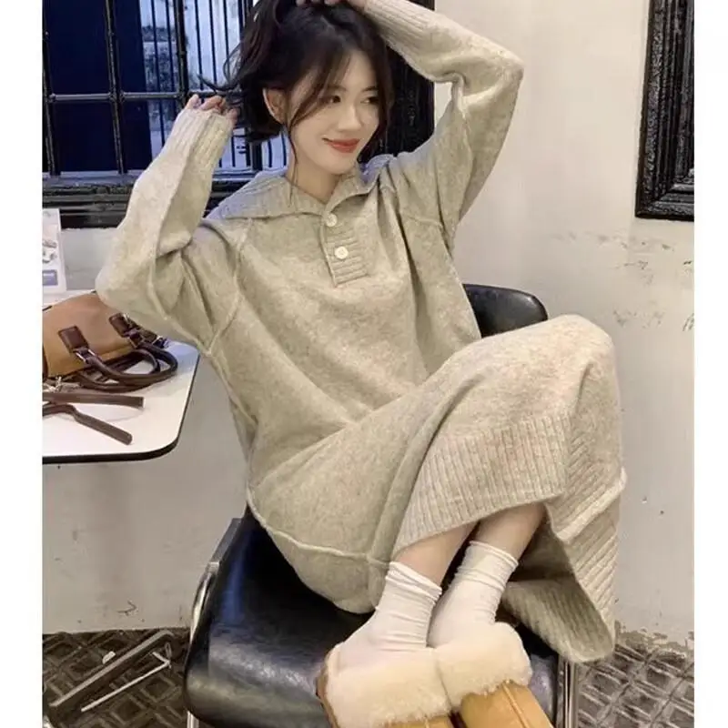 

French knitted gentle dress women's autumn and winter 2024 new loose long over-the-knee sweater skirt with coat thick