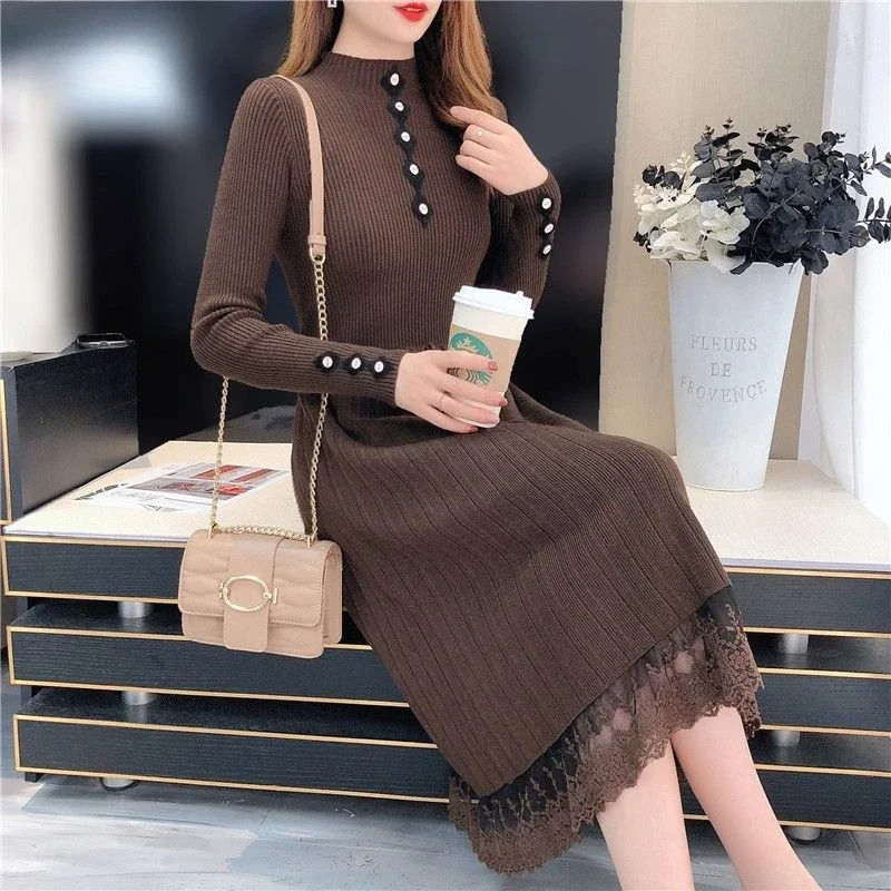 レーススプライシング女性用クロシェドレス、ウエストシェイプ韓国風服、プロモーション中、2025年ファッション原宿風女性ニットドレス