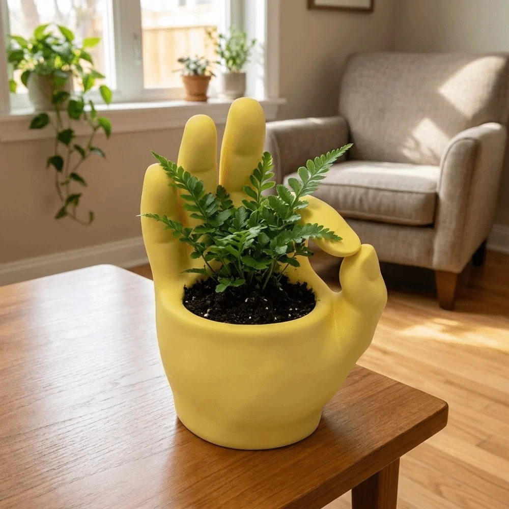 Hand Ornament 3D Printed OK Gesture Planter Novelty Plastic Hand Shaped Planter Unique Shape Desktop Flower Pot Desktop Decor