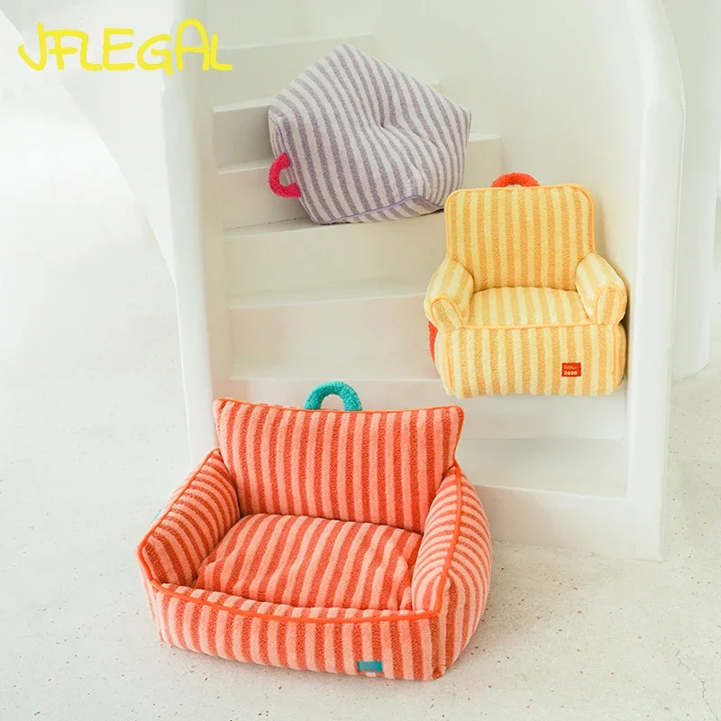 JFLEGAL Striped Dog Kennel Warm Cat Bed All Season Universal Removable and Washable Cute Pet Puppy Sofa Cat Nest Soft Velvet Pad