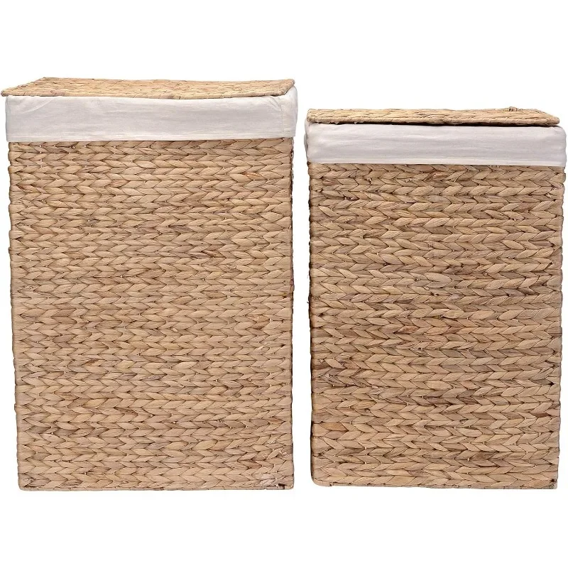 

Wicker Laundry Hampers Set of 2 Water Hyacinth Storage Baskets with Integrated Handles, Removable Liners