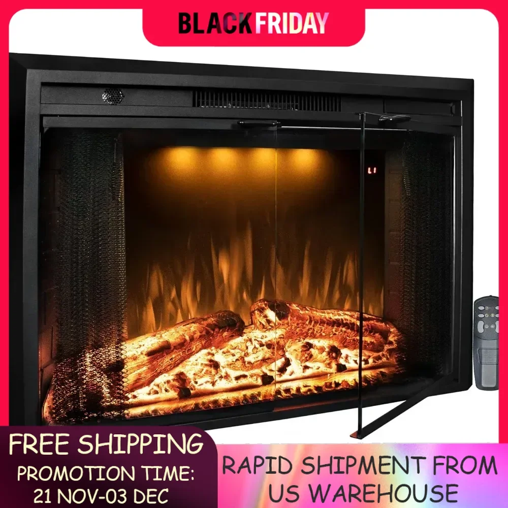 36 Inch Electric Fireplace with Glass Door and Mesh Screen, Multi-color Flames and Flame Crackling Sound, Timer, 750/1500W