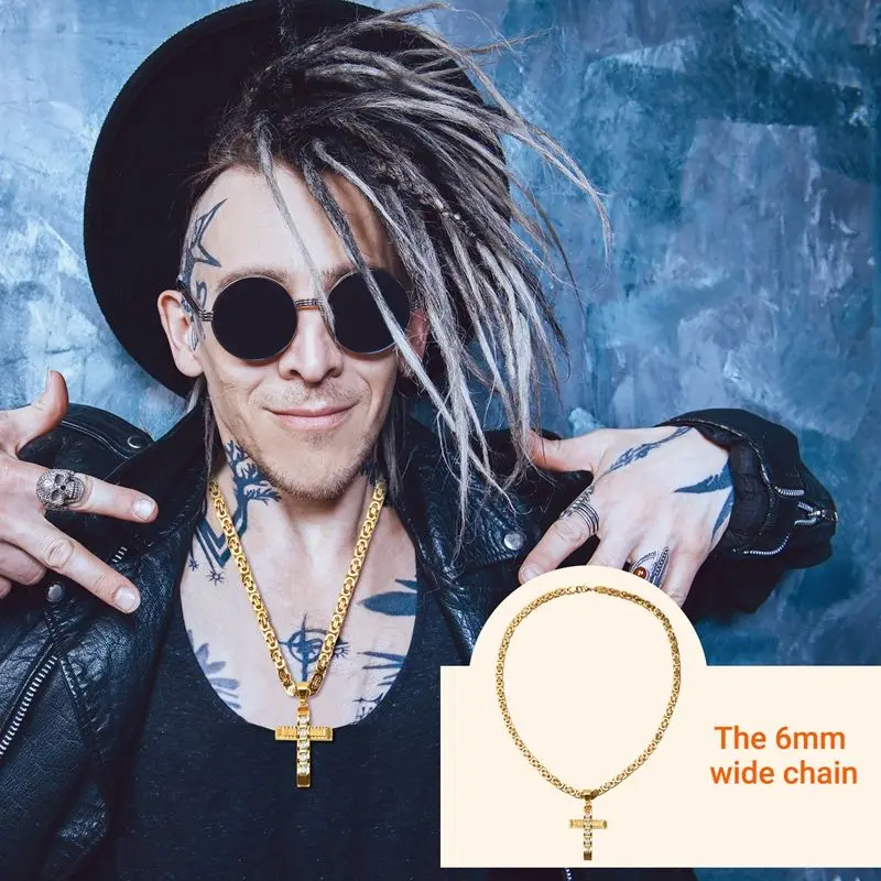 Mens Stainless Steel Gold Cross Zircon Pendant Necklace Flat Chain Tone 6Mm 22Inch