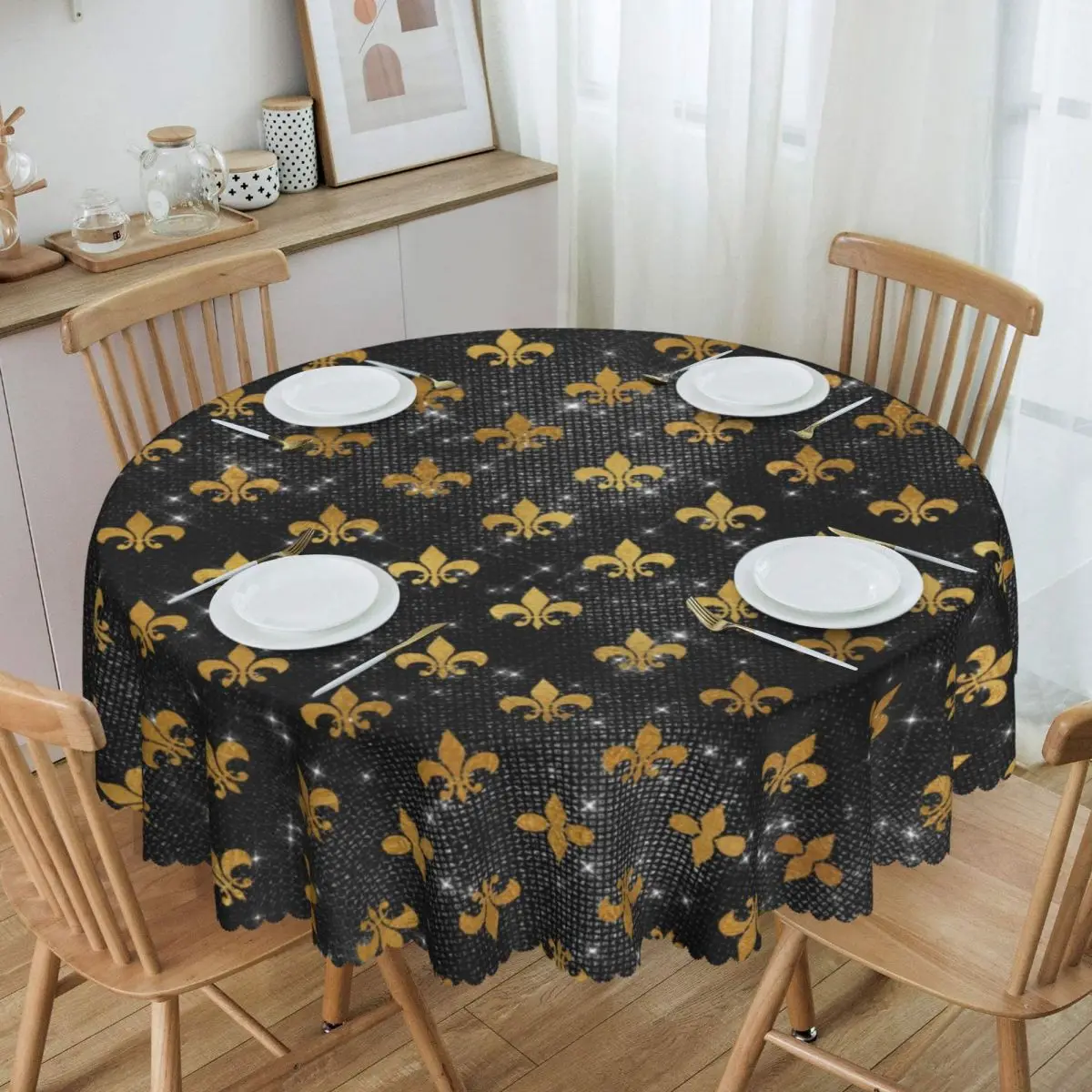 Elegant Black And Gold Fleur De Lis Tablecloth Round Oilproof Fleur-De-Lys Lily Floral Table Cover Cloth for Party 60 inches