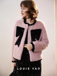 LOUIS YAO Women Faux Fur Jacket Contrast Bow 2023 Winter Overcoat Round Neck Wave Texture Plush Women's Jacket