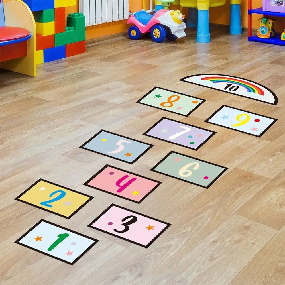 Multicolor Hopscotch Game Floor Stickers Self-adhesive PVC Flooring decals Waterproof Parent-child Cartoon Number Grids Nursery