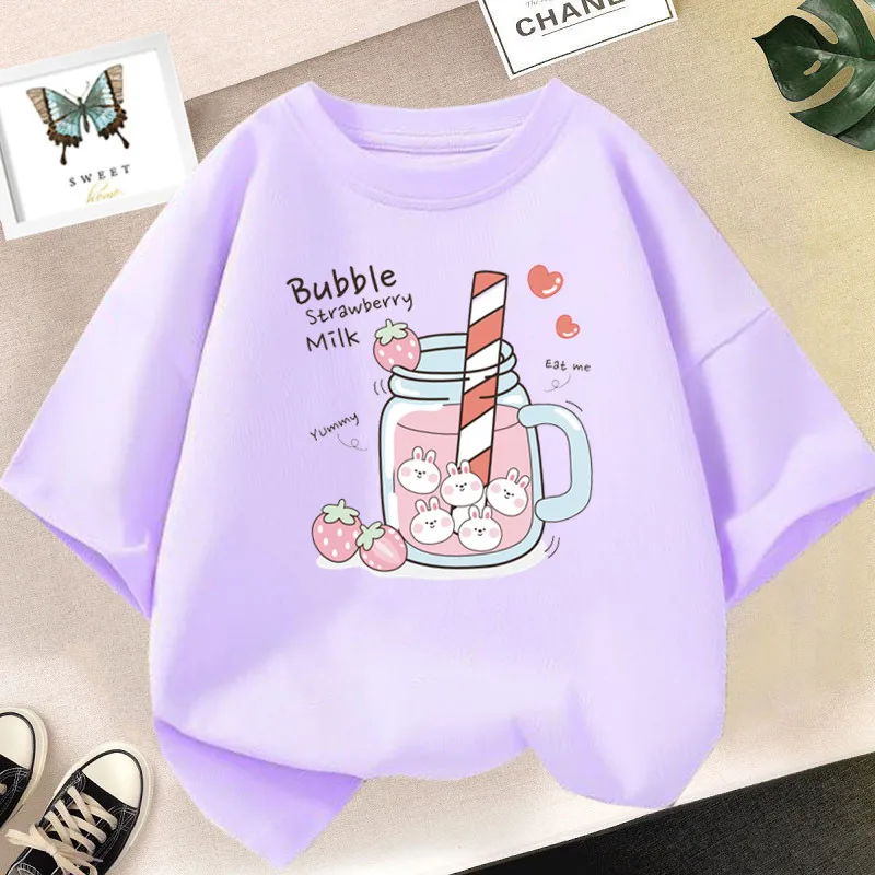 Strawberry Juice Graphic Print T-shirt Girls Aesthetic Pink Tops Tee 2023 Summer New Fashion Kids T Shirt