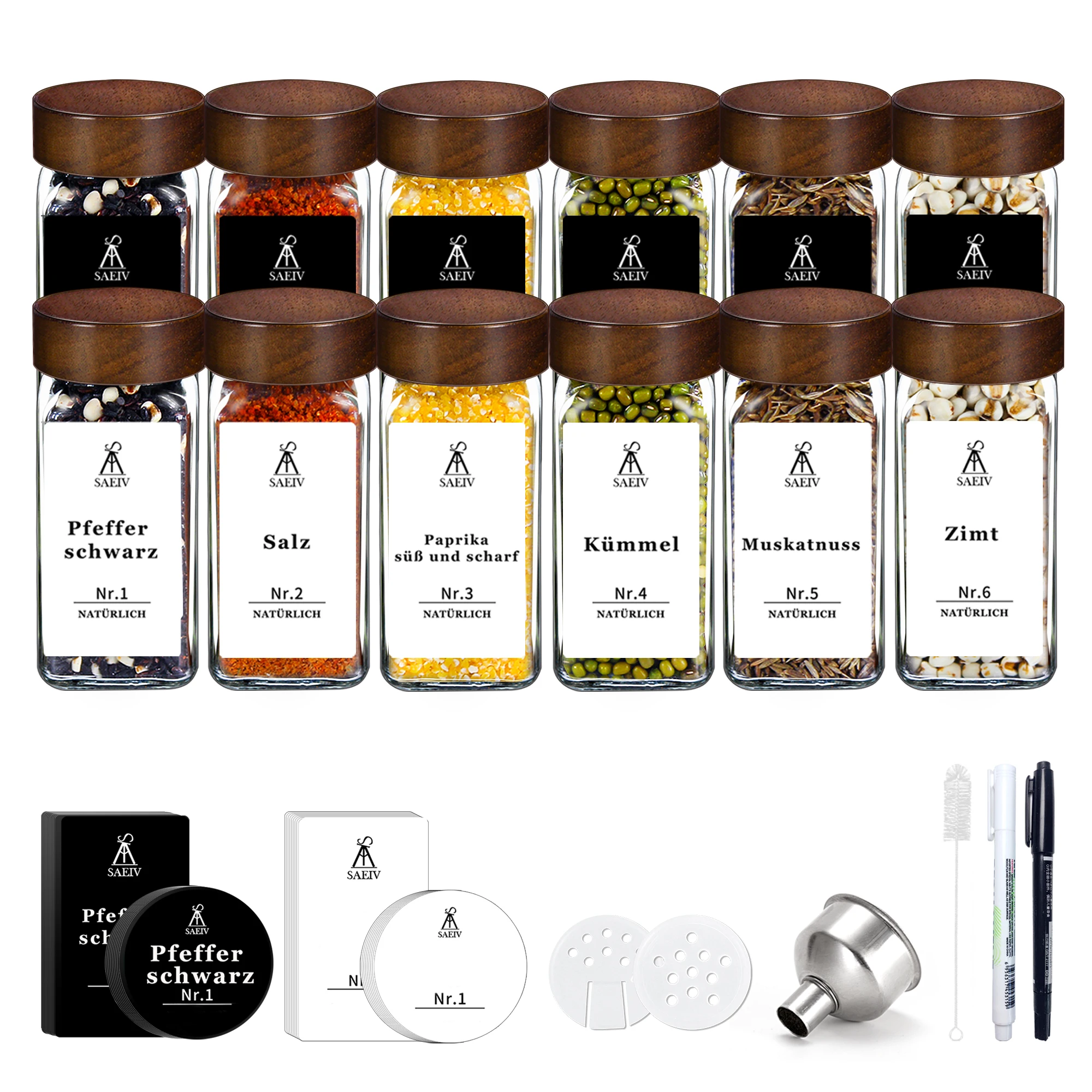 SAEIV Quadratische gewürzgläser mit Akazienholzdeckel | 120 ml Gewürzbehälter aus Glas | Set enthält Etiketten, Trichter, Reinigungsbürste und Stift | Luftdicht und auslaufsicher | BPA-frei | küchen organizer – Detail 3