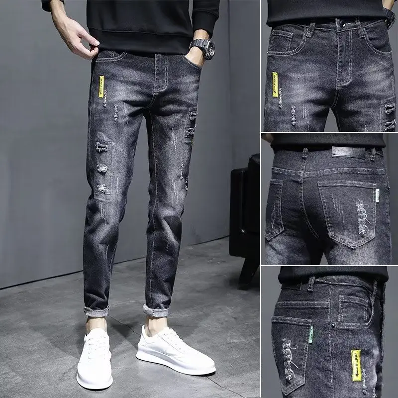 

Slim Fit Men's Jeans Korean Style Elastic Versatile Summer Thin Trendy Casual Hole Nine Point Pants Polyester Cotton Blend