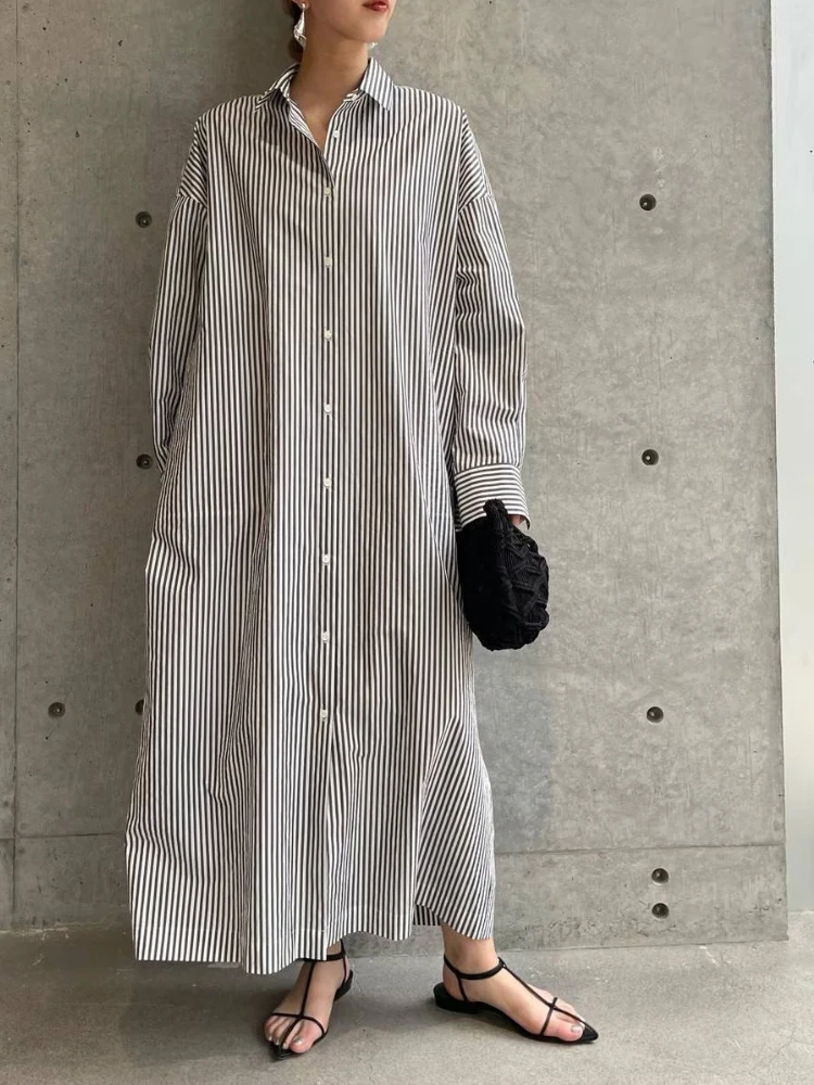 Japanese fashion Robe Femme Laple Long Sleeve Striped Dress Single Breasted Vestidos Mujer Summer Loose Casual Dresses Women