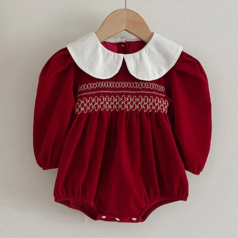 Infant Kids Baby Girls Long Sleeve Sweet Solid Color Sisters Dress Newborn Baby Girls Doll Collar Princess Clothes Rompers