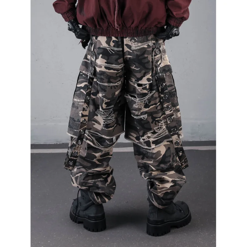 HKSH Unique American Heavy Safari Style Ribbons Metal Rings Faux Two-Piece Ripped Wide-Leg Streetwear Dance Cargo Pants HK26987 view 5