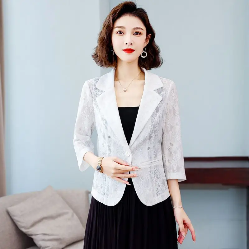 

2022 Cheongsam Lace Blazer Summer Cardigan Mid Sleeve Elegant Women's Jacket Thin Slim-Fitting Shawl Suit Top h1793