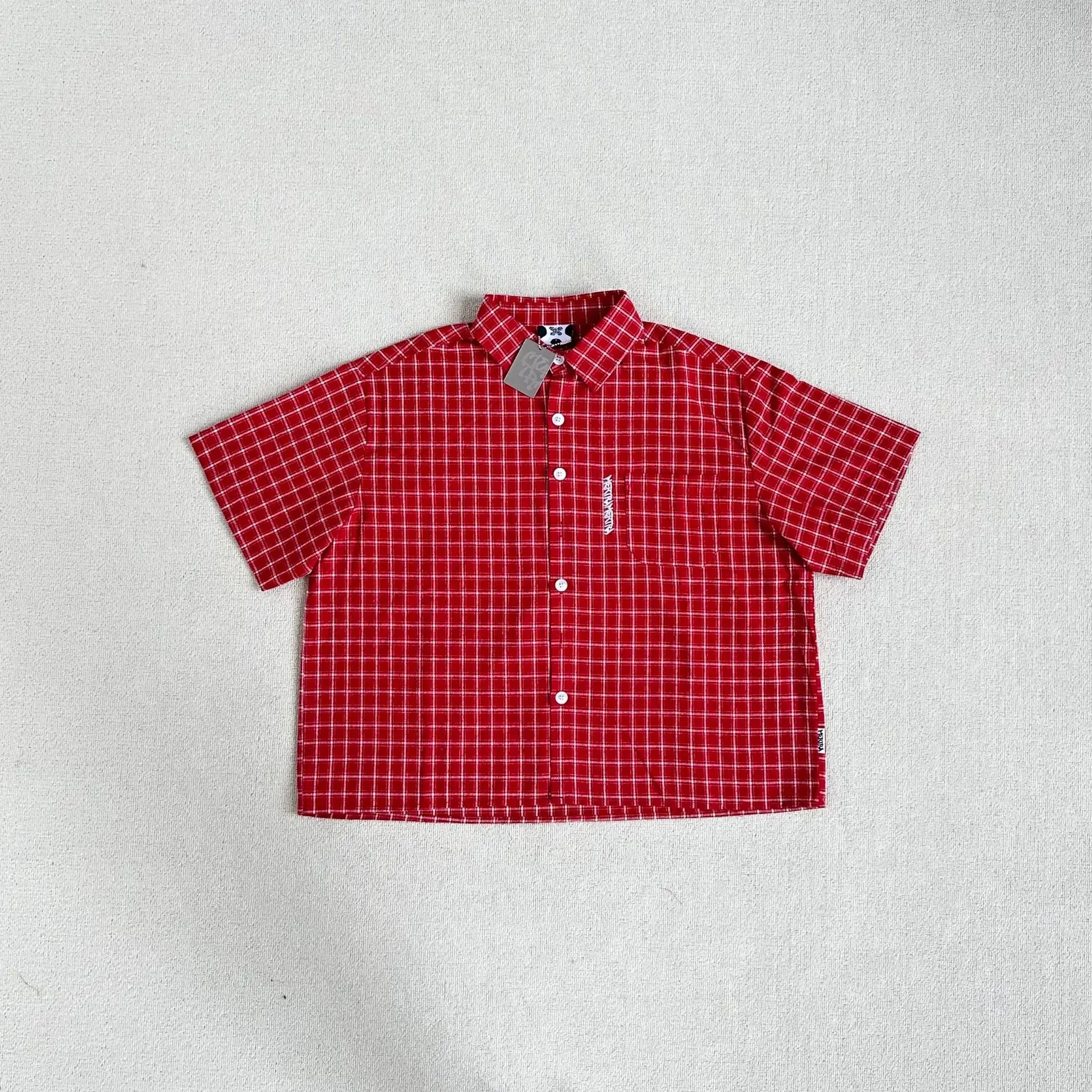 Mertra Men's New Summer Drop-Shoulder Short-Sleeve Shirt with Small Check Pattern