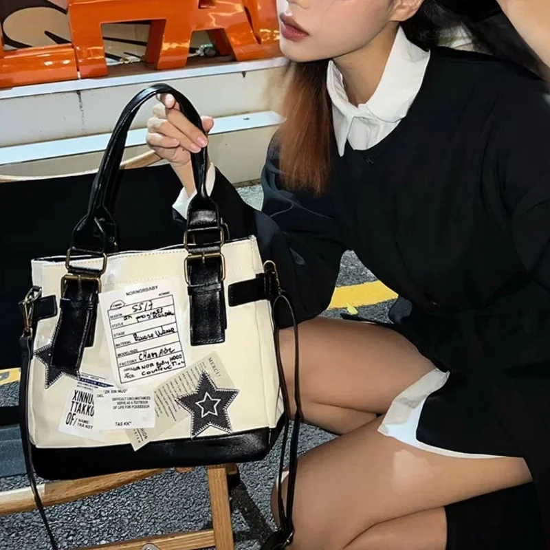 Millennium Spicy Girl Retro Large Capacity Canvas European And American Texture Girl Handheld One Shoulder Crossbody Y2k Bags