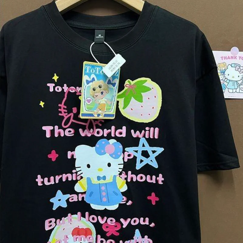 

Новая футболка Sanrio Hello Kitty Oversock с короткими рукавами и мультяшным принтом, женская повседневная модная трендовая одежда Kawaii