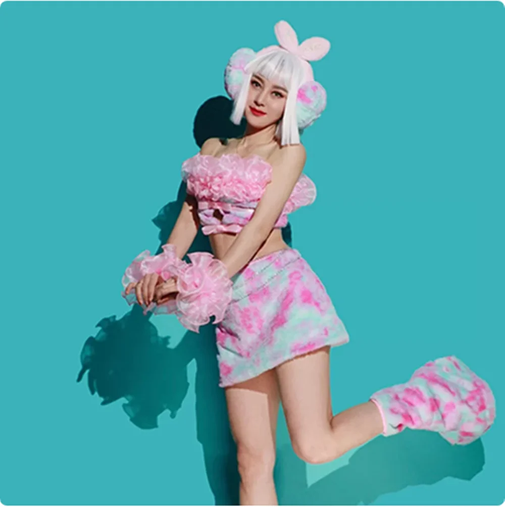 New Lovely Tie-Dye Plush Jazz Dancewear Nigtclub Gogo Dancer Stage Clothes Rave Party Festival Clothing Drag Queen Costume Set