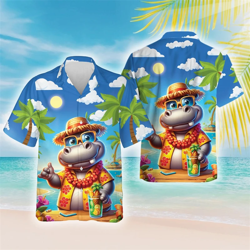 Funny Hippo 3D Printed Beach Shirts Cute Animal Shirt For Men Clothes Hip Hop Male Short Sleeve Blouses Hippopotamus Women Tops