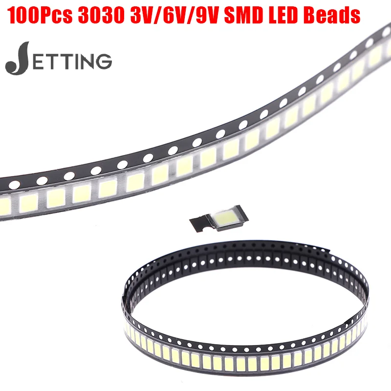 100Pcs 3030 SMD LED Beads 1W 3V/6V/9V Cold White Light For TV LED Diodes