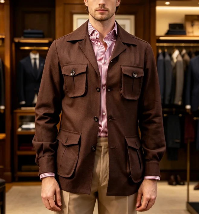 Mens Brown Safari Jacket Linen Blend Multi Pocket Field Blazer Single Breasted Notch Lapel Sport Coat Party Business Customized