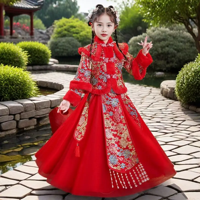2026 New Children's Chinese Style Hanfu Set New Year's Tang Clothing Girls' Winter Thick Ancient Costume New Year Hanfu SetLI814